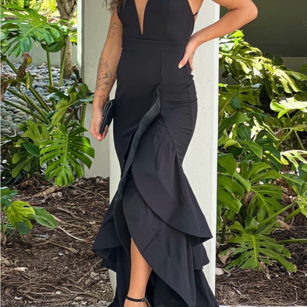 Black ruffle formal long gown